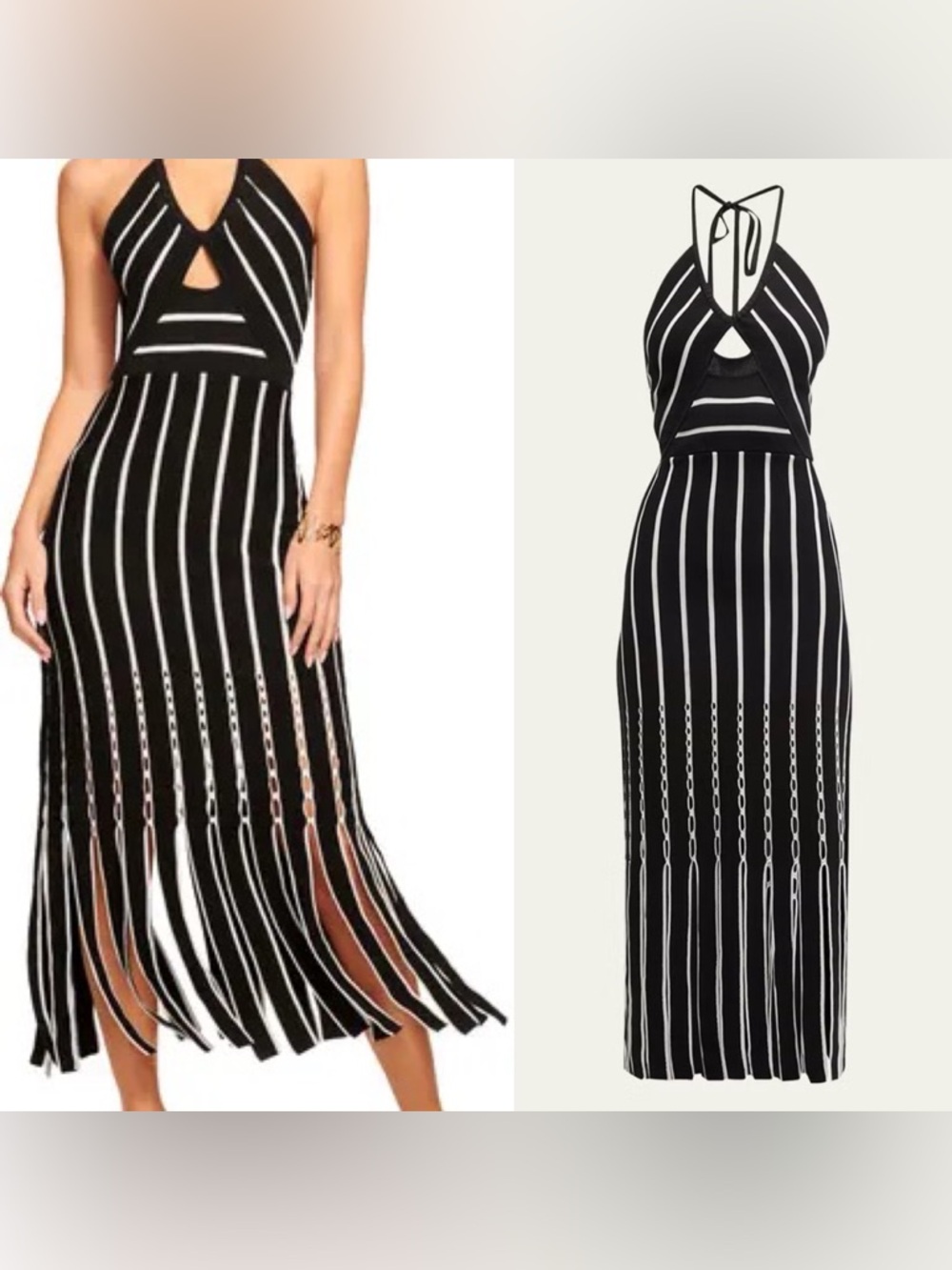 Ramy Brook Frida Stripe Halter Midi Dress Black Fringe Cutout Size XS - Picture 3 of 9